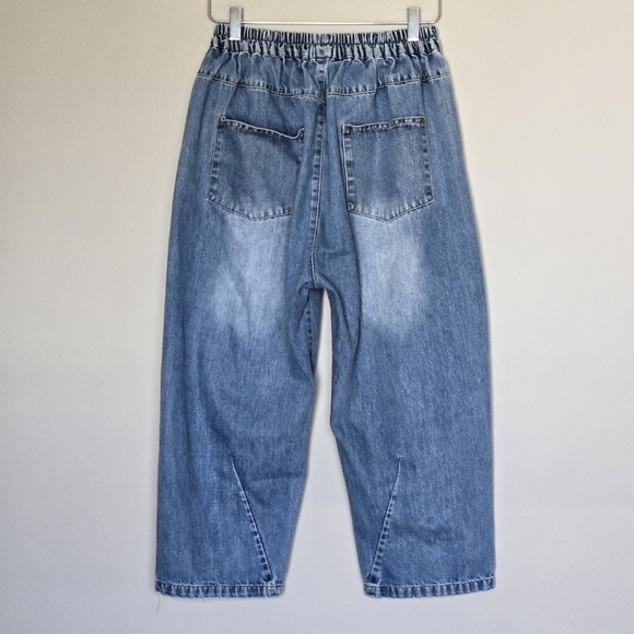 Boho Balloon Barrel Leg Cropped Blue Pull-On Slouchy Distressed Jeans - Picture 5 of 6